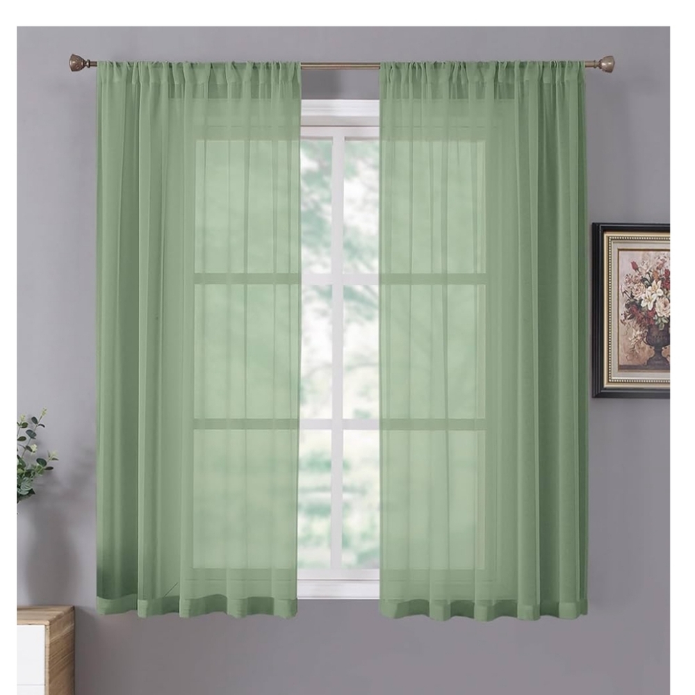 Elegant Green Sheer Curtains. Pack of Two.
